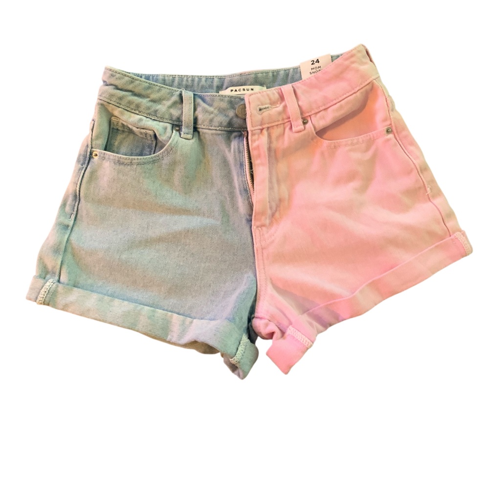 PacSun High Waisted Mom Shorts Half and Half Denim Blue & Pink - Size 24 NWT